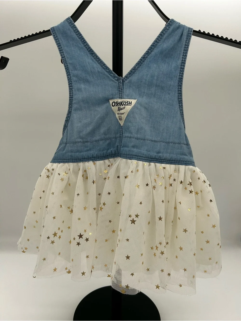 OshKosh B'gosh Blue Denim Overall Dress with Cream Tulle and Gold Stars Size 9M